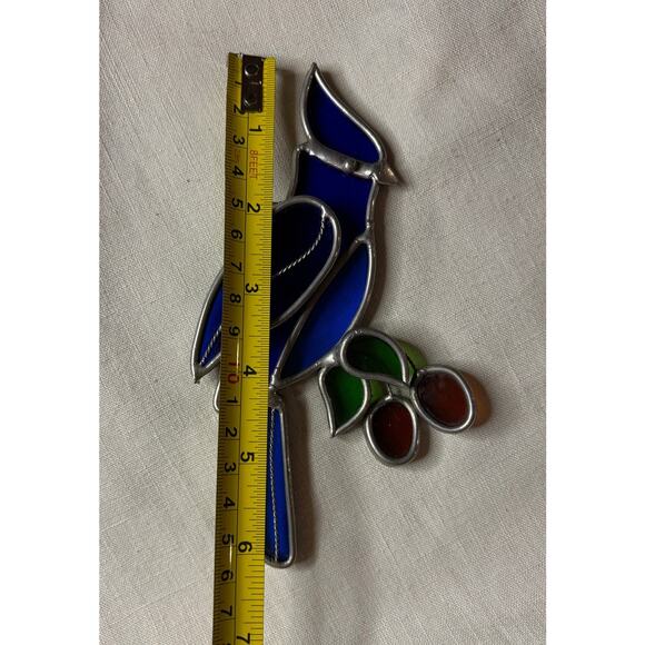 Vintage Stained Glass Blue Bird Suncatcher Cobalt Blue Green Leaves 6x3 - Picture 5 of 9